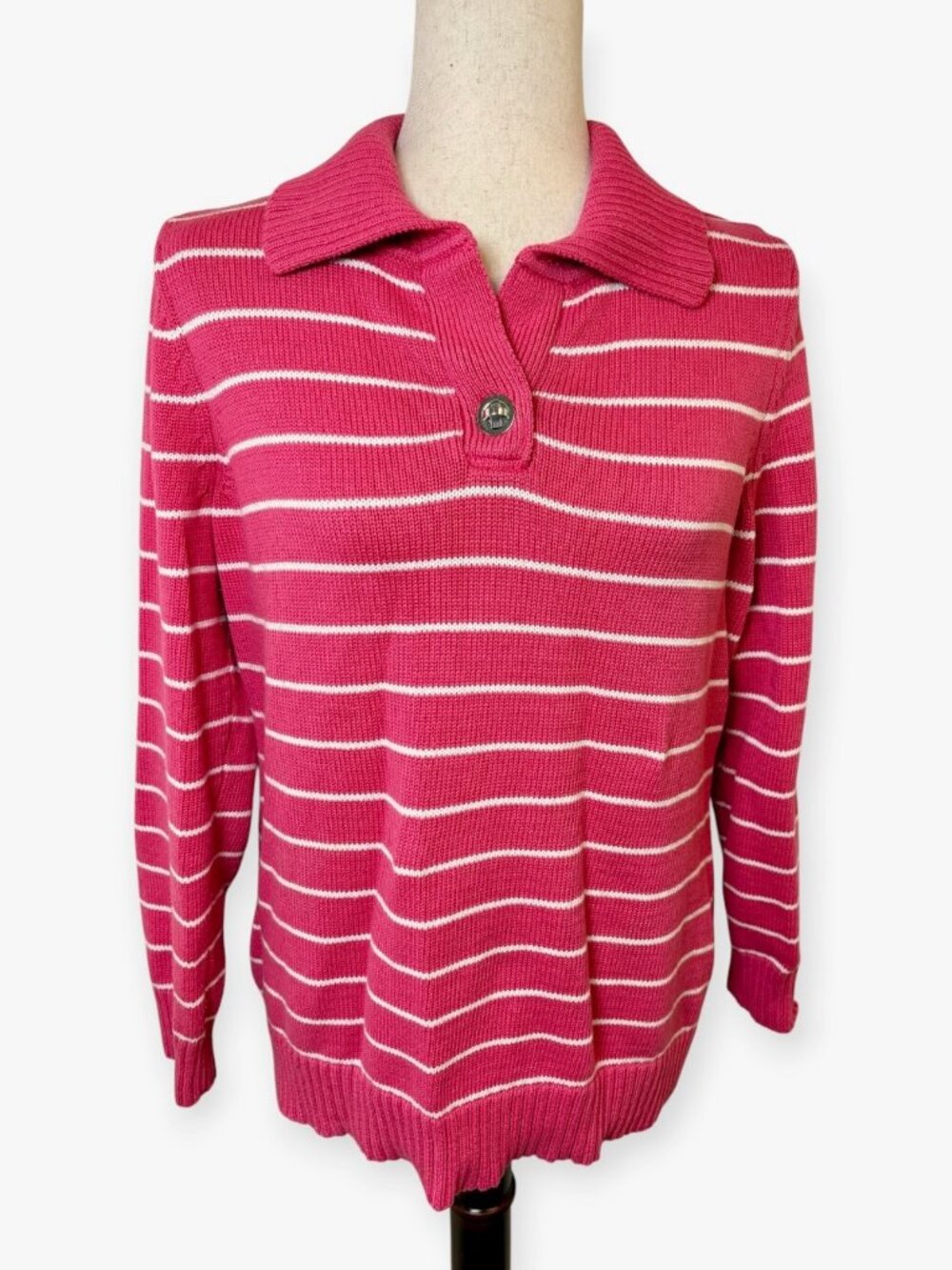 Vintage Y2K Liz Claiborne Pink White Striped Cotton Polo Sweater Size Large